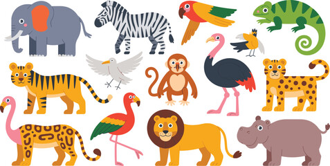 Safari jungle animals collection set with elephant lion tiger zebra giraffe hippo monkey and exotic birds vector illustration isolated. © Raju