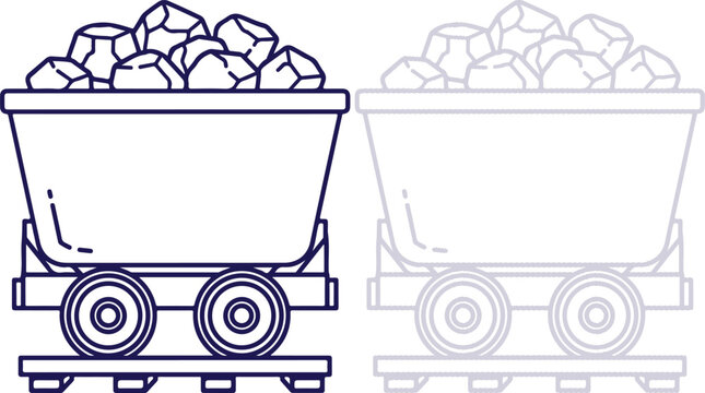 Coal Mine Cart filled with Rocks on Rails, Outline Vector Illustration