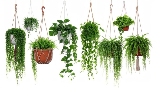 Green hanging house plants isolated on white, set 