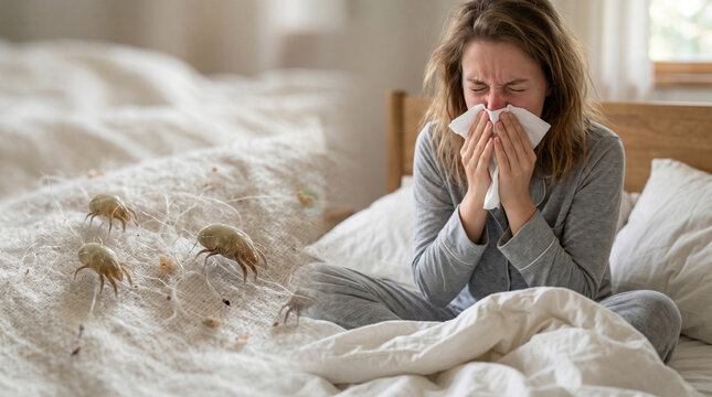 Conceptual close-up of microscopic dust mites on bed linen with a blurred image of a person sneezing in the background, symbolizing dust allergies and nasal congestion