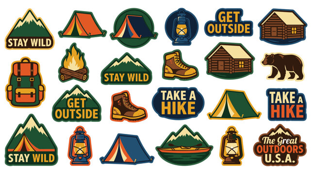 Set of adventure camping stickers with mountains tent backpack and hiking boots.