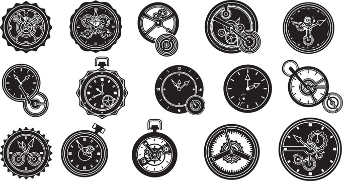 Steampunk clock and gear illustrations in black
