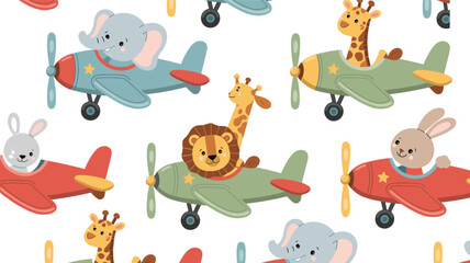 Naklejka premium Cute animal pilots in airplanes seamless pattern with elephant giraffe lion and rabbit flying vintage planes for nursery and kids fabric design