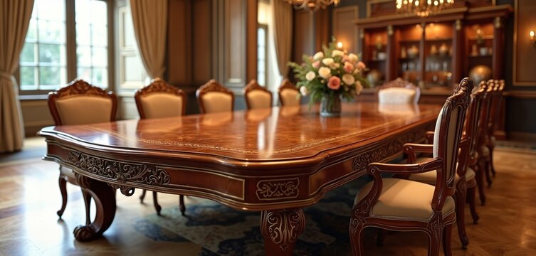 Ornate wood dining table and chairs in elegant room. Grand polished table with detailed carvings. Formal setting with bouquet. Luxury interior for feasts and banquets.
