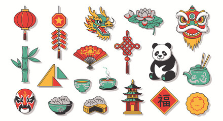 Fototapeta premium Chinese culture vector illustration lanterns dragon panda and symbols