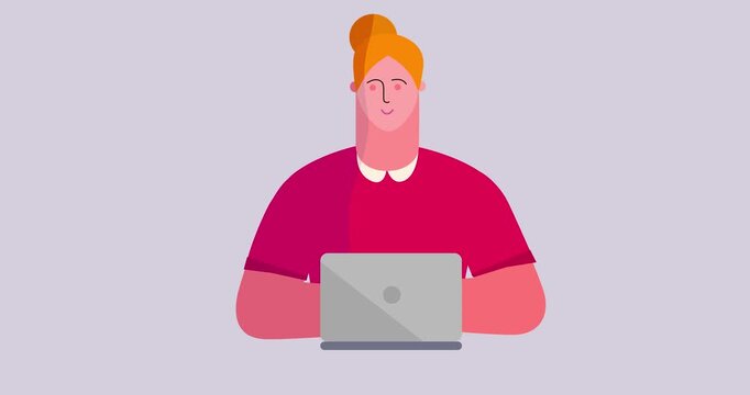 Woman number two character front side scene laptop isolated. Cartoon animation of businesswoman smiling working. Business explainer flat design people serie movie female with computer work scene video