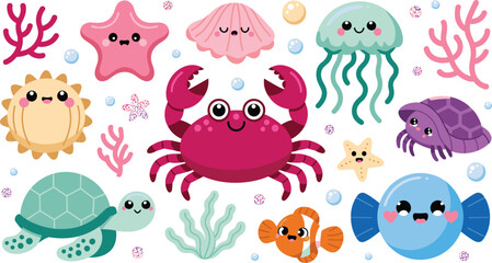 Fototapeta premium : Cute Kawaii Ocean Sea Creature Character Set with Crab, Turtle, Jellyfish, Starfish, and Fish for Kids and Sticker Designs
