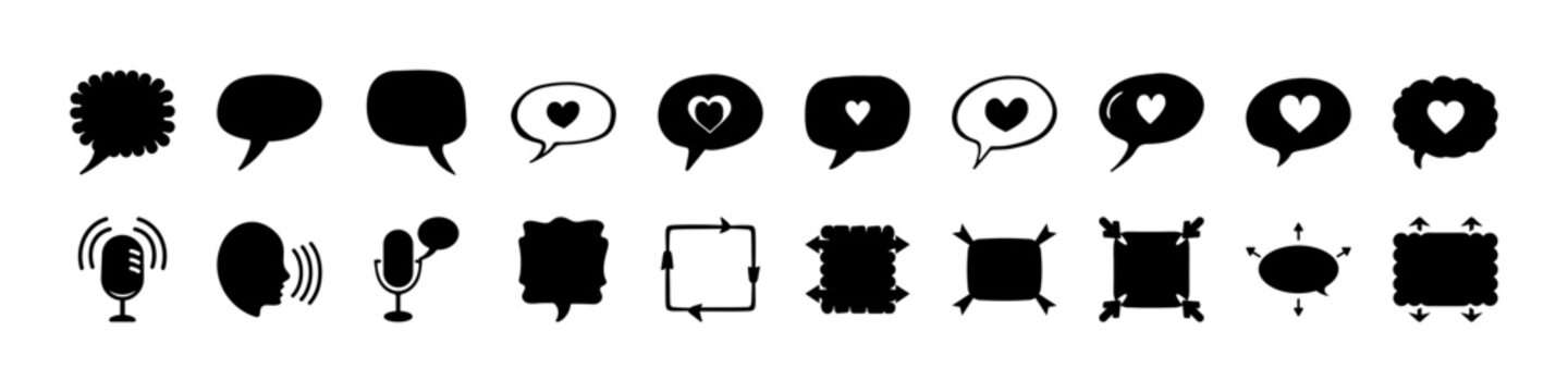 Black icons set of speech bubbles and communication - Collection of black silhouette icons featuring speech bubbles, chat symbols, and abstract communication elements, suitable for messaging and inter