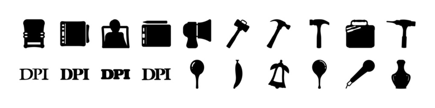 Black printing tools DPI icons and equipment set - Collection of black silhouette icons featuring printing tools, DPI labels, rollers, and equipment, representing print production and graphic design p