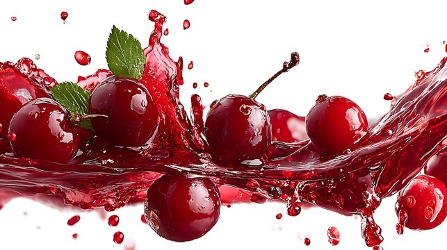 Ripe red cherries with green leaves splashing in a wave of juice on a white background studio
