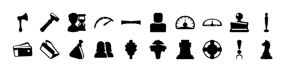 Chess and tool icons silhouettes mixed symbol set  - Collection of black silhouette icons featuring chess pieces, tools, and various objects, representing strategy, work, and interface design elements © Md