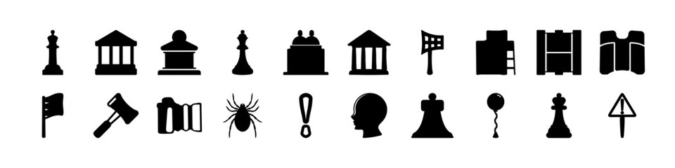 Mixed silhouette icons set buildings tools chess symbols  - Collection of black silhouette icons featuring buildings, tools, chess pieces, and objects, representing business, strategy, architecture, a © Md