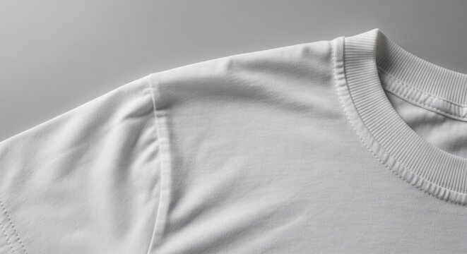 Close-up of a plain white t-shirt neckline and shoulder seam clean fabric texture detail
