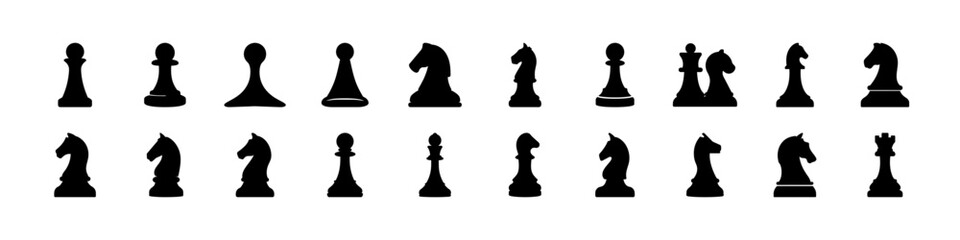 Chess pieces silhouettes set classic board game symbols  - Black silhouette collection of chess pieces in various positions, representing strategy, competition, and classic board game elements for des © Md
