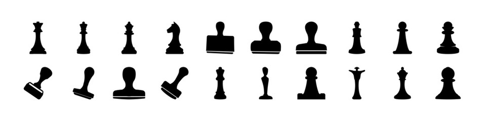 Chess piece silhouettes set strategy game icons  - Black silhouettes of chess pieces arranged in rows, representing strategy, competition, and classic board game elements for design use.  © Md