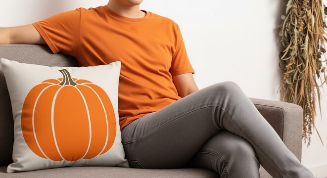 Cozy Autumn Scene: Person in Orange Shirt Sitting on Sofa with Pumpkin Pillow