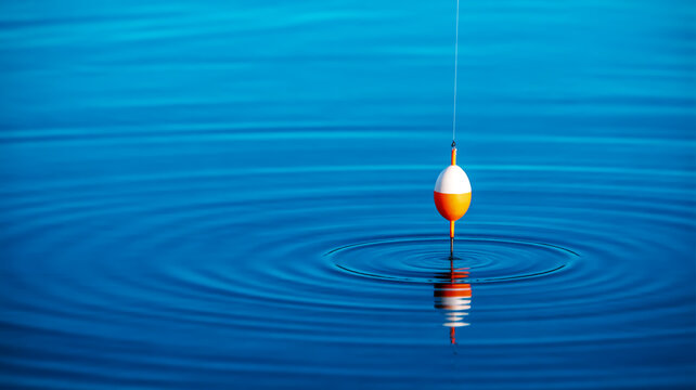 A fishing bobber floats on rippling water with a serene lake