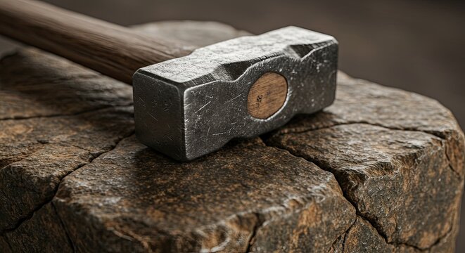 Heavy sledgehammer resting on weathered wood surface close up