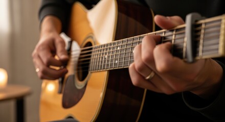Fototapeta premium Close up of hands playing acoustic guitar with musical notes in background
