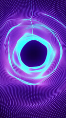 Fototapeta premium Bright cyan ring surrounded by flowing purple dotted waves, forming a futuristic abstract portal with digital depth and motion