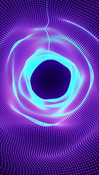 Bright cyan ring surrounded by flowing purple dotted waves, forming a futuristic abstract portal with digital depth and motion