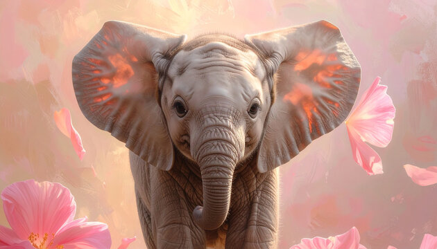 Young elephant portrait with floral elements