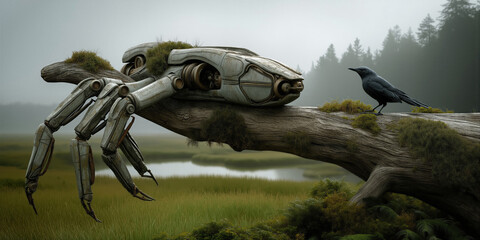 Fototapeta premium Decayed metallic crust shielding mysterious crab artifact amidst foggy marshland scenery