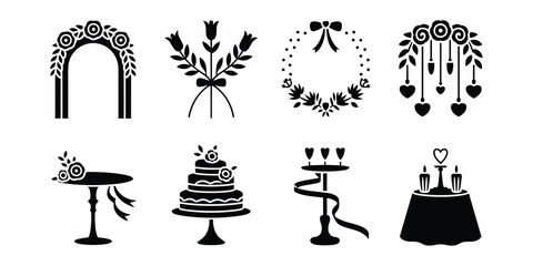 Naklejka premium Black silhouette wedding decoration set arches cakes and candle holders