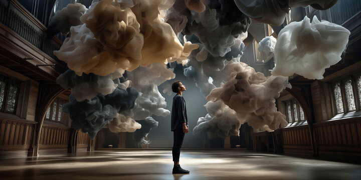 An artfilled chamber featuring levitating cloud sculptures and contemplative curator gazing upward