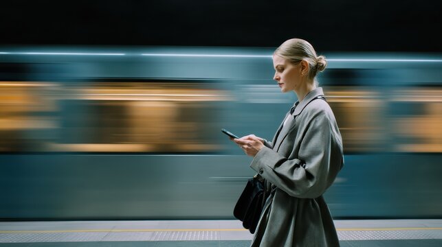 side angle, woman standing on subway platform, scrolling phone, metro train in motion behind, subject clearly focused, classic minimalist outfit