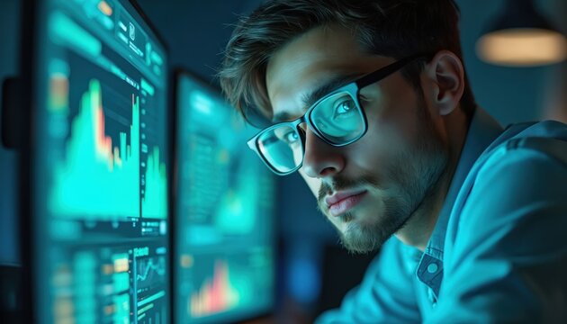 Young man with glasses studies financial charts on computer screens. He concentrates on data analysis at his office desk late at night, illuminated by screen glow. Person works on digital analytics.