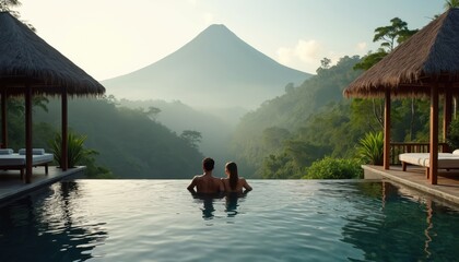 Obraz premium Couple enjoys infinity pool with misty mountain backdrop. Lush jungle scenery, thatched cabanas, and calm water create serene tropical resort ambiance for romantic getaway.
