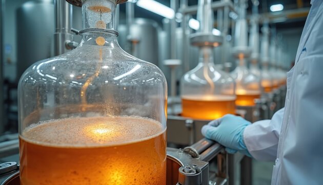 Scientist in lab coat checks fermenter with orange liquid. Bioprocess lab with glass bioreactors. Industrial biotechnology manufacturing enzyme production.