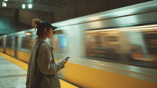side profile, woman standing on metro platform, holding smartphone, train passing fast behind, cinematic motion blur, casual work outfit, realistic human anatomy, 8k