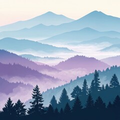 Obraz premium Mountain range layered in purple and blue mist with soft gradient lighting for serene landscape backgrounds.