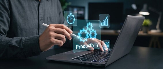 Fototapeta premium Enhancing productivity through technology a business professional's perspective on innovative solutions in a modern office environment