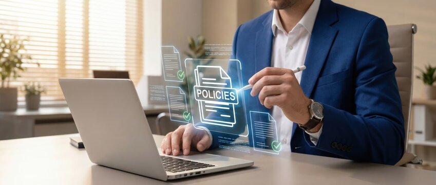 Analyzing digital policies in a modern office setting business environment interactive content professional viewpoint corporate governance concept