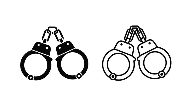 Black and white illustration depicting a pair of closed and open handcuffs