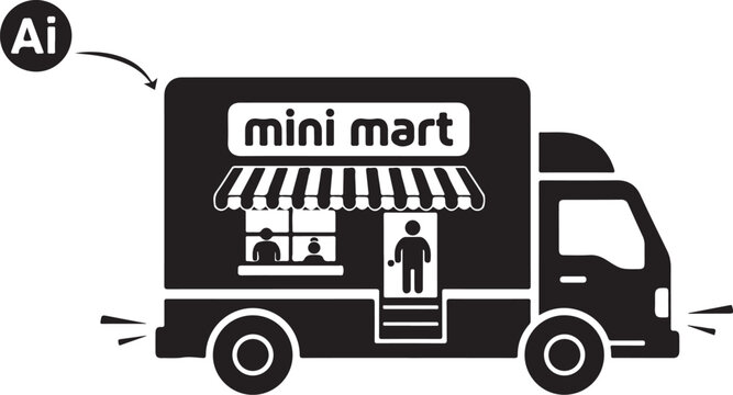 mini mart truck, food truck icon, black and white vector, delivery vehicle illustration, retail on wheels