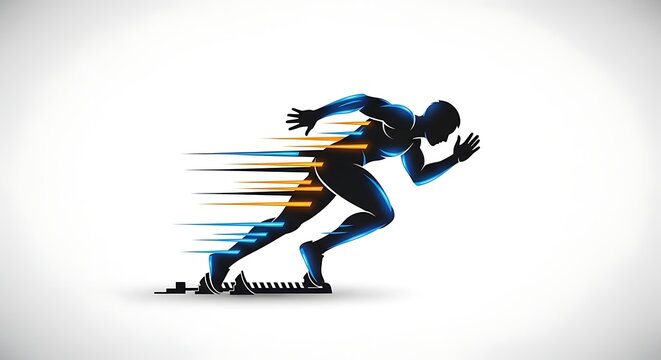 A man in a running motion with colorful lines