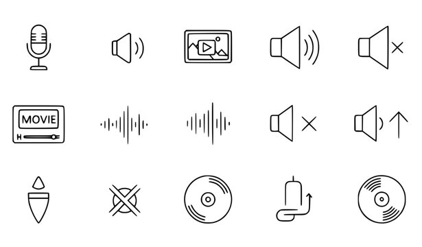 music icons set Multimedia line icon set microphone mute video gallery volume controls cd vinyl outline vector editable stroke