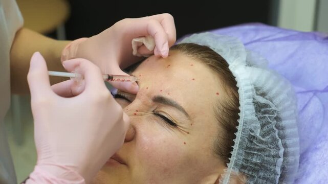 Cosmetic injection procedure on female face in medical aesthetic clinic. Specialist performing anti aging treatment with syringe targeting forehead and eye area. Biorevitalization technique improving