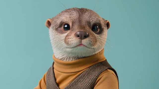 Cute Anthropomorphic Otter Character Portrait Wearing a Yellow Turtleneck and Brown Vest on a Solid Blue Background