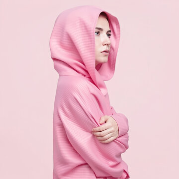 Profile portrait of a young woman in a pink oversized hoodie, monochrome pastel streetwear concept