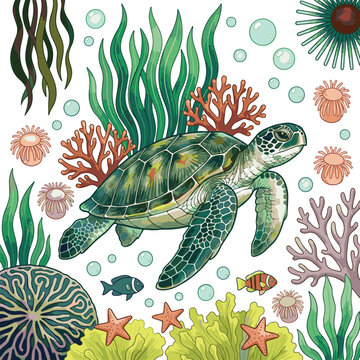 Generated on A watercolor painting of a sea turtle swimming through lush underwater greenery vector art on white background
