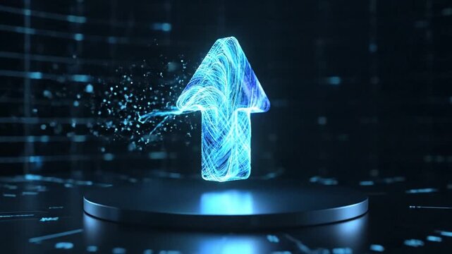 A futuristic video showcasing a glowing blue humanoid figure on a dark platform with digital elements in the background.