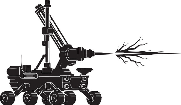 Industrial robotic arm, heavy machinery, drilling machine, black vector illustration