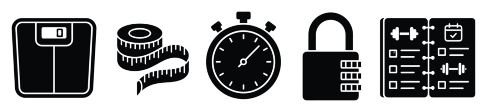 Fitness and health icons scale, tape, stopwatch, lock, and workout planner for wellness applications