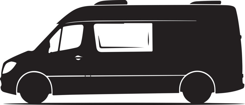 Black van silhouette, side view, vehicle icon, transportation symbol, delivery truck