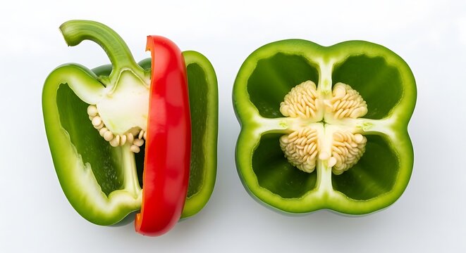 Cross-section views of a green bell pepper showing its internal structure and seeds isolated on white background